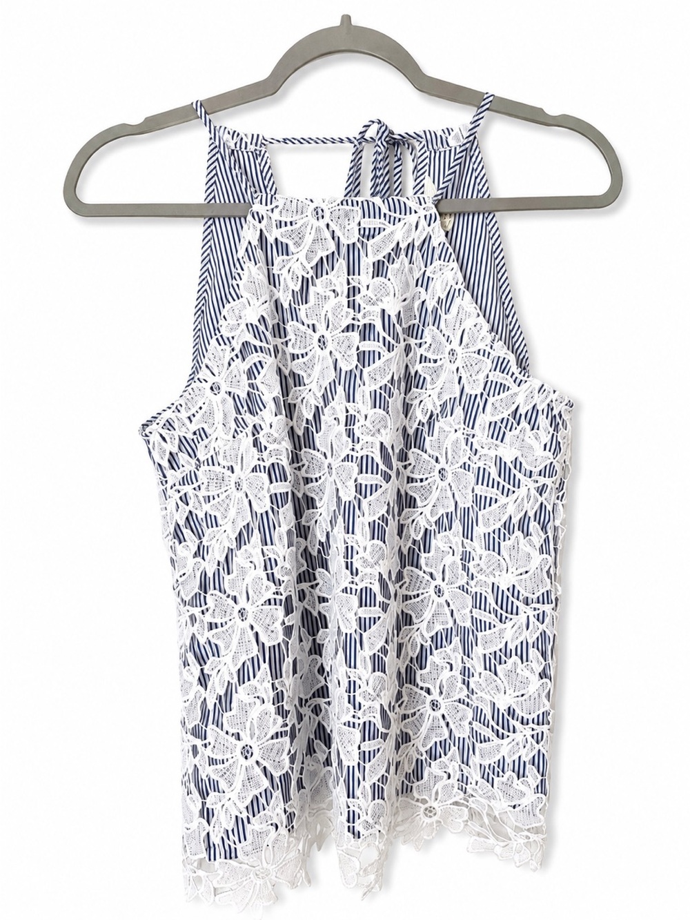 Adiva Navy Stripe Floral Lace Halter Tank Top Size XS Boho Sleeveless Blouse